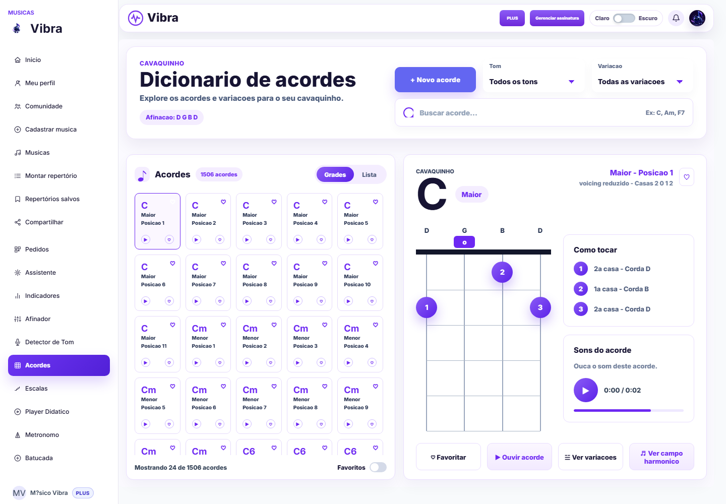 Tela de dicionário de acordes no Vibra