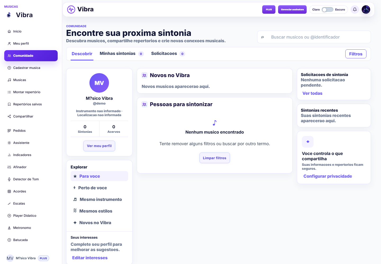 Tela Comunidade do Vibra com busca de músicos e abas de sintonias