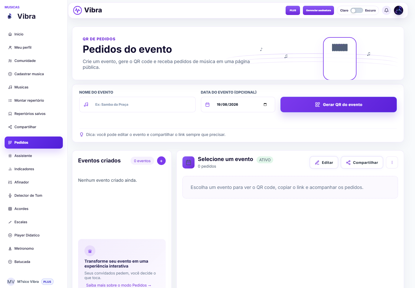 Tela de pedidos por QR code no Vibra