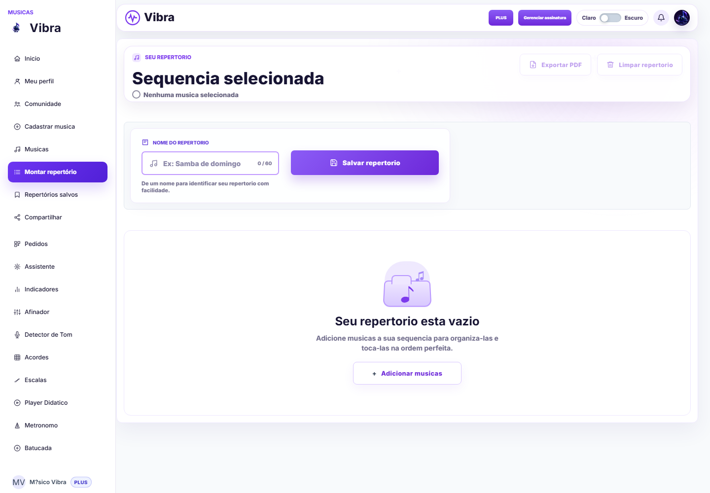 Tela para montar repertório no Vibra